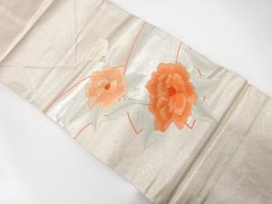 地紙に牡丹模様　刺繍　名古屋帯